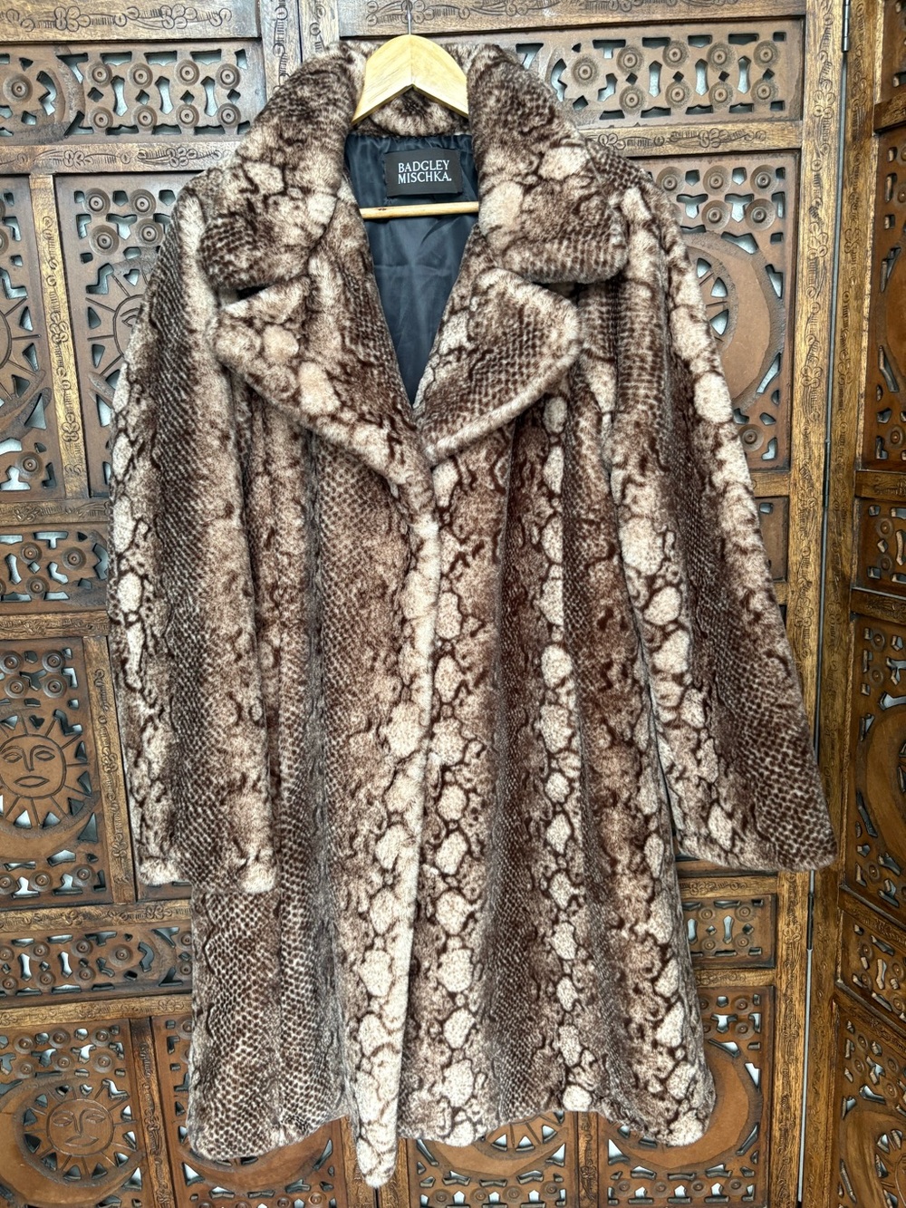 BADGLEY MISCHKA Brown and Cream Snake Print Faux-Fur Teddy Coat